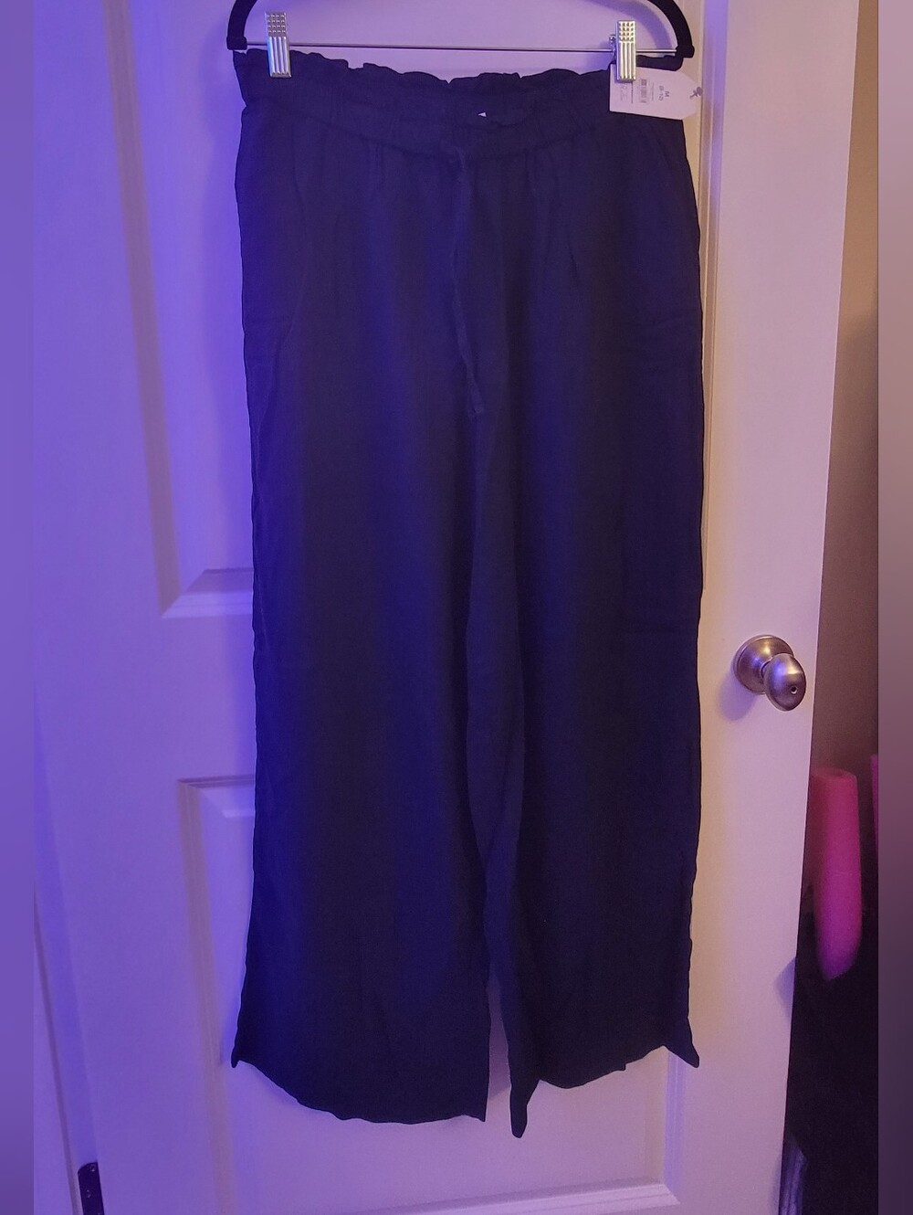 Wide Leg Navy Blue Linen Blend Pants With Drawstring & Elastic Waist Size M